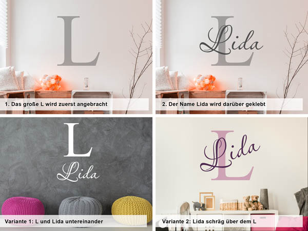 Verschiedene Anordnungen des Wandtattoos Lida
