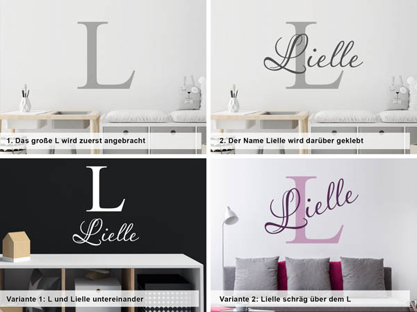 Verschiedene Anordnungen des Wandtattoos Lielle