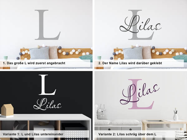 Verschiedene Anordnungen des Wandtattoos Lilas
