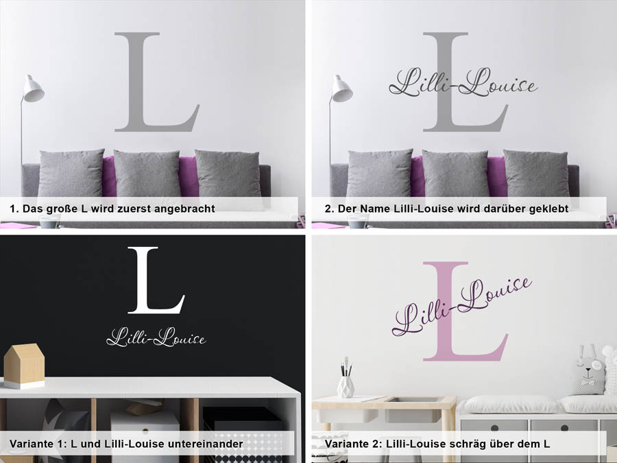 Verschiedene Anordnungen des Wandtattoos Lilli-Louise