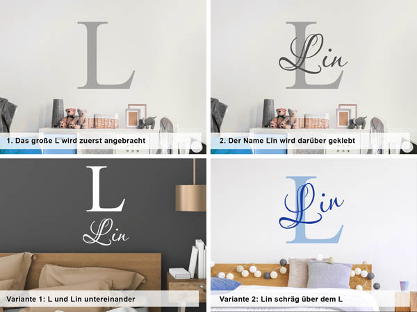 Verschiedene Anordnungen des Wandtattoos Lin