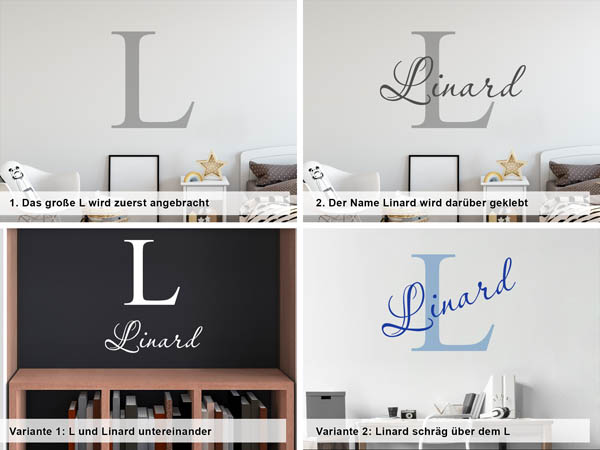 Verschiedene Anordnungen des Wandtattoos Linard