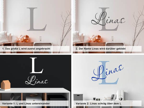 Verschiedene Anordnungen des Wandtattoos Linas