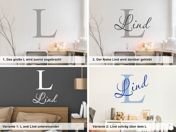 Verschiedene Anordnungen des Wandtattoos Lind
