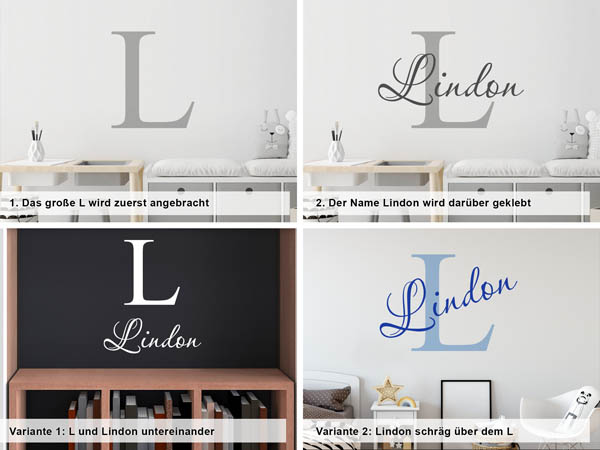 Verschiedene Anordnungen des Wandtattoos Lindon