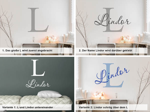 Verschiedene Anordnungen des Wandtattoos Lindor