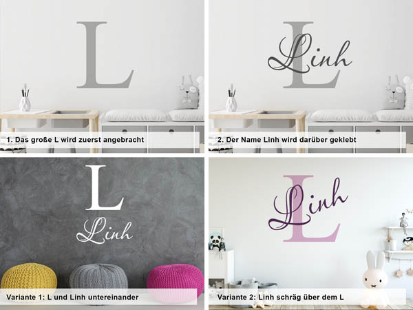 Verschiedene Anordnungen des Wandtattoos Linh