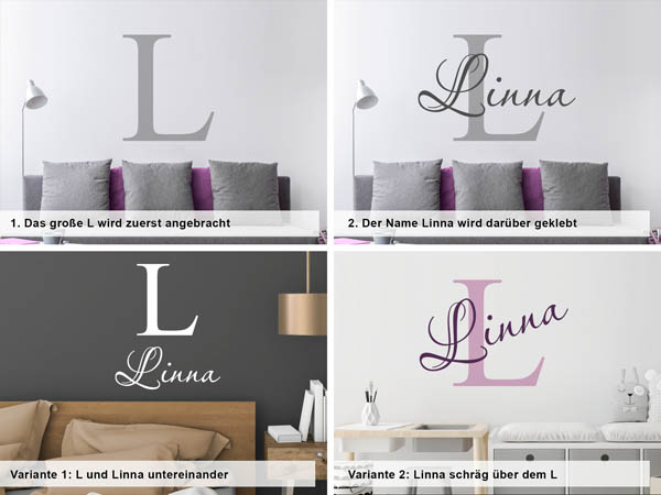 Verschiedene Anordnungen des Wandtattoos Linna