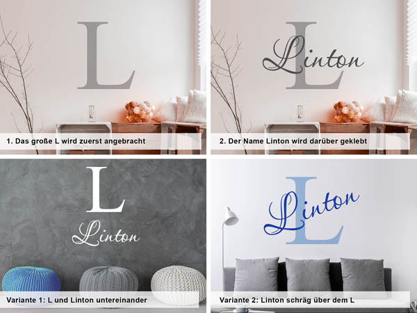 Verschiedene Anordnungen des Wandtattoos Linton