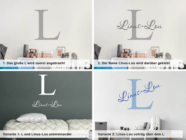 Verschiedene Anordnungen des Wandtattoos Linus-Lou