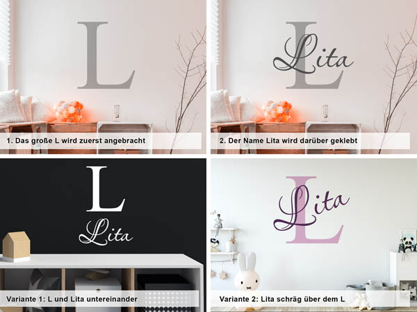 Verschiedene Anordnungen des Wandtattoos Lita
