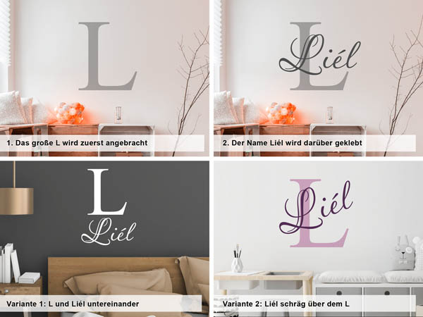 Verschiedene Anordnungen des Wandtattoos Liél