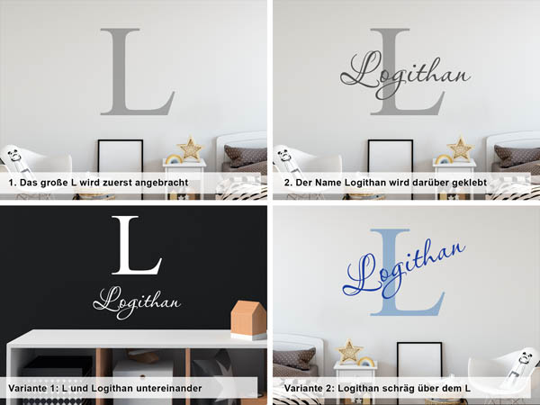 Verschiedene Anordnungen des Wandtattoos Logithan