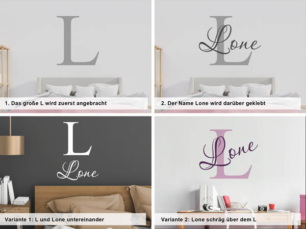 Verschiedene Anordnungen des Wandtattoos Lone