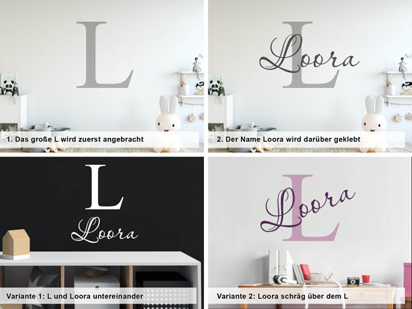 Verschiedene Anordnungen des Wandtattoos Loora