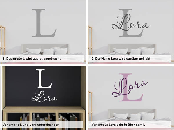 Verschiedene Anordnungen des Wandtattoos Lora