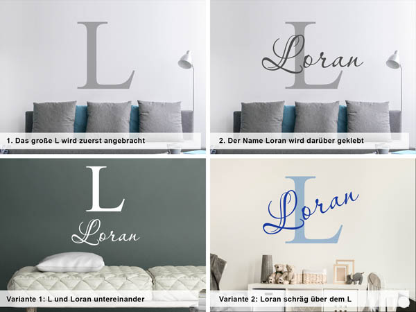 Verschiedene Anordnungen des Wandtattoos Loran