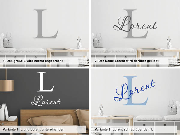 Verschiedene Anordnungen des Wandtattoos Lorent