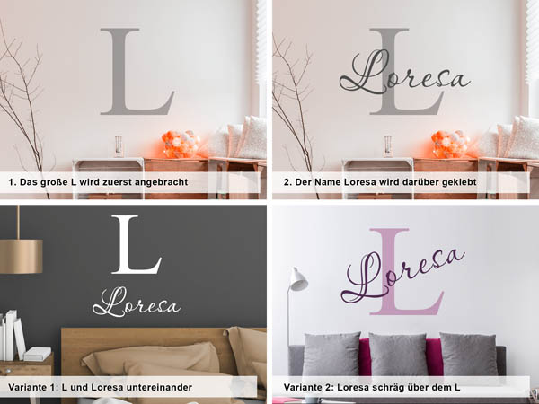 Verschiedene Anordnungen des Wandtattoos Loresa