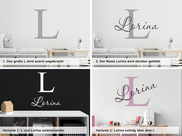 Verschiedene Anordnungen des Wandtattoos Lorina