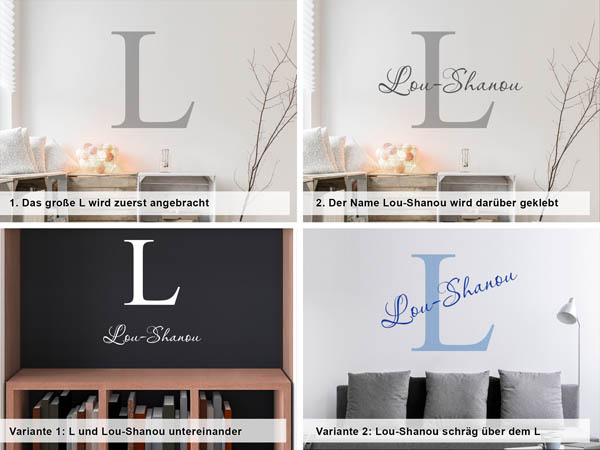 Verschiedene Anordnungen des Wandtattoos Lou-Shanou