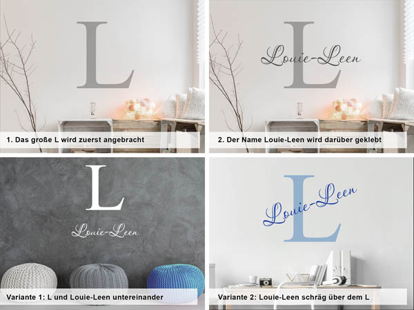 Verschiedene Anordnungen des Wandtattoos Louie-Leen