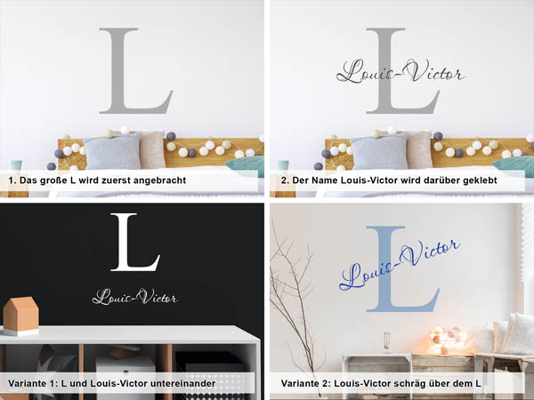 Verschiedene Anordnungen des Wandtattoos Louis-Victor