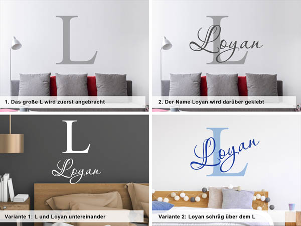 Verschiedene Anordnungen des Wandtattoos Loyan