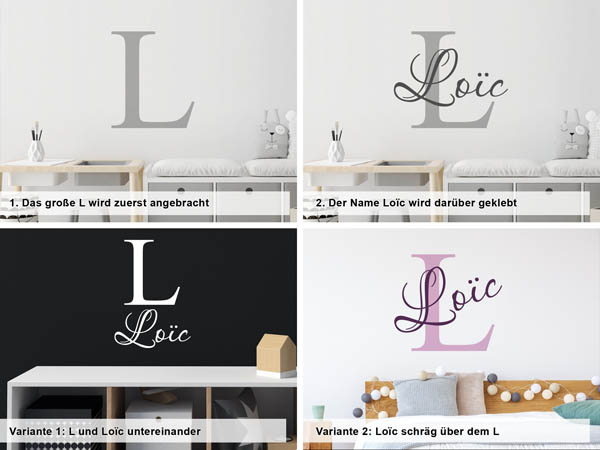 Verschiedene Anordnungen des Wandtattoos Loïc