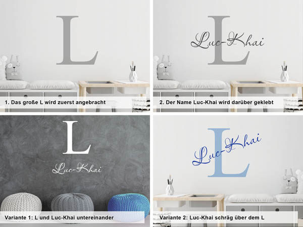 Verschiedene Anordnungen des Wandtattoos Luc-Khai