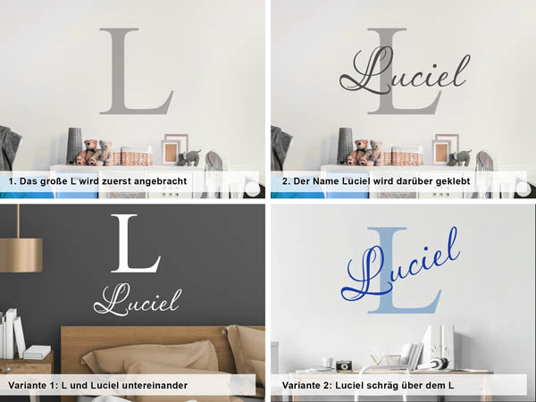 Verschiedene Anordnungen des Wandtattoos Luciel