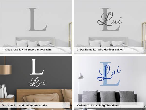 Verschiedene Anordnungen des Wandtattoos Lui