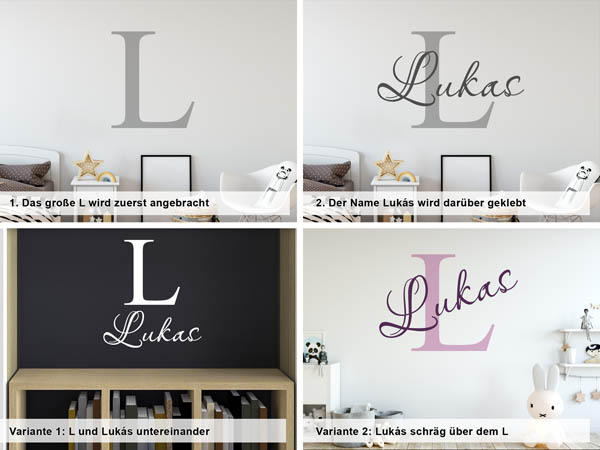 Verschiedene Anordnungen des Wandtattoos Lukás