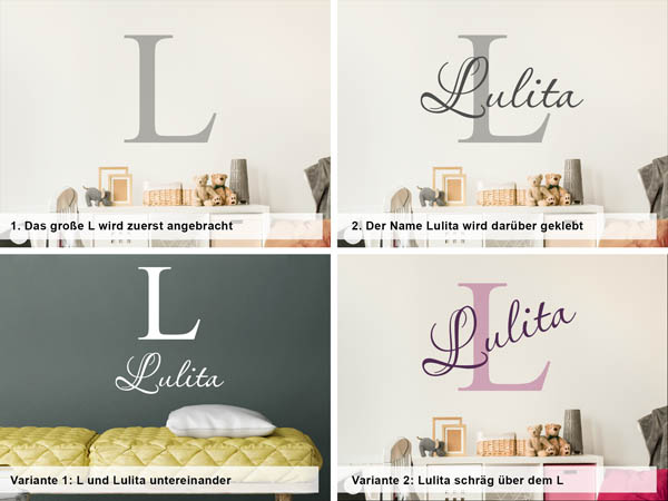 Verschiedene Anordnungen des Wandtattoos Lulita