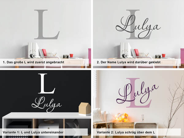 Verschiedene Anordnungen des Wandtattoos Lulya