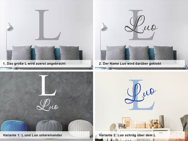 Verschiedene Anordnungen des Wandtattoos Luo