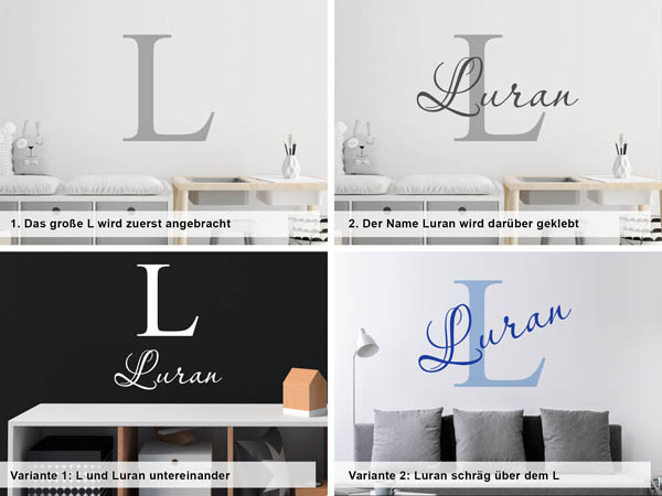 Verschiedene Anordnungen des Wandtattoos Luran
