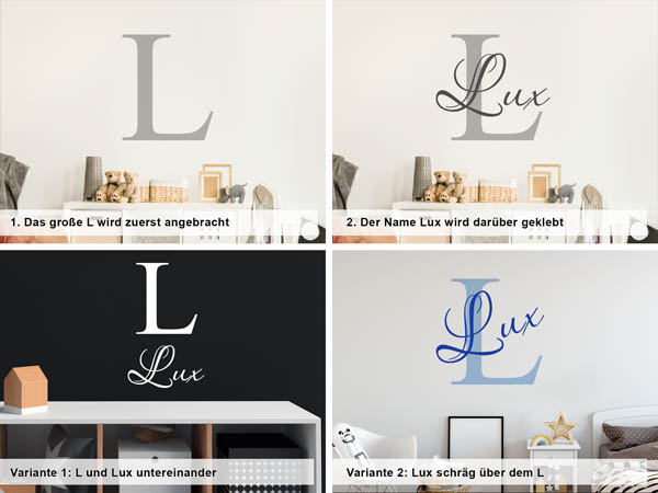 Verschiedene Anordnungen des Wandtattoos Lux