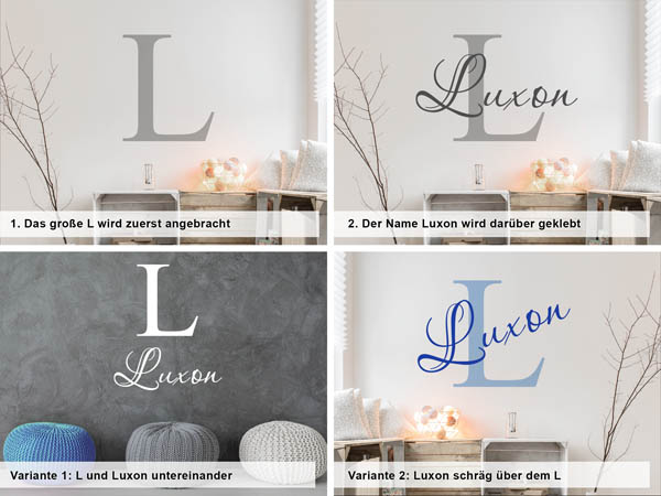 Verschiedene Anordnungen des Wandtattoos Luxon