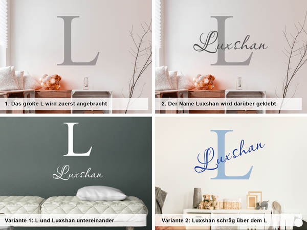 Verschiedene Anordnungen des Wandtattoos Luxshan