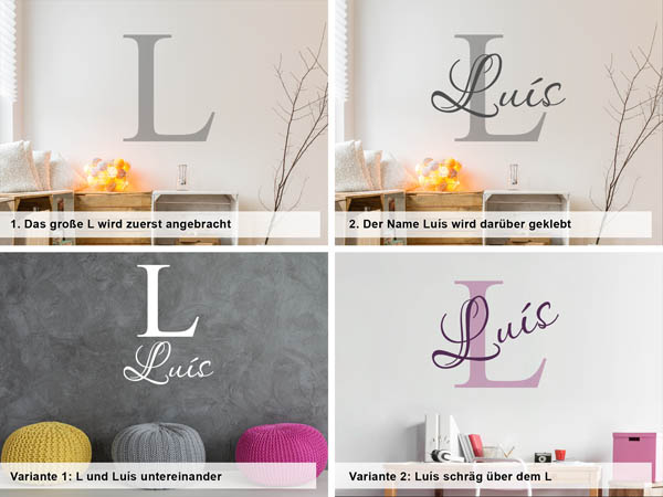 Verschiedene Anordnungen des Wandtattoos Luís