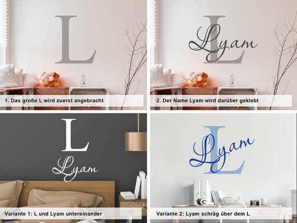 Verschiedene Anordnungen des Wandtattoos Lyam