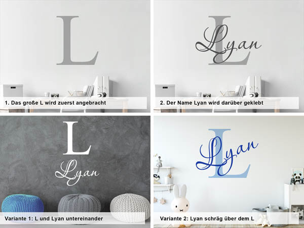 Verschiedene Anordnungen des Wandtattoos Lyan