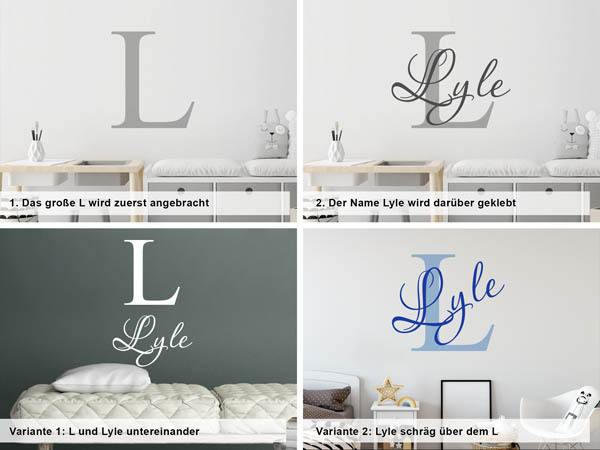 Verschiedene Anordnungen des Wandtattoos Lyle