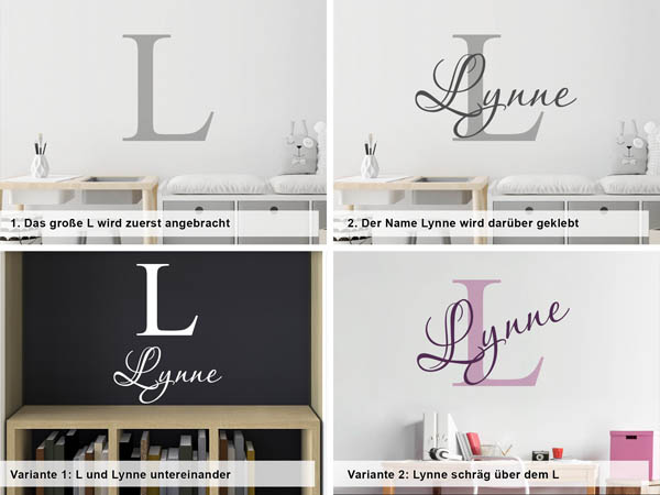 Verschiedene Anordnungen des Wandtattoos Lynne