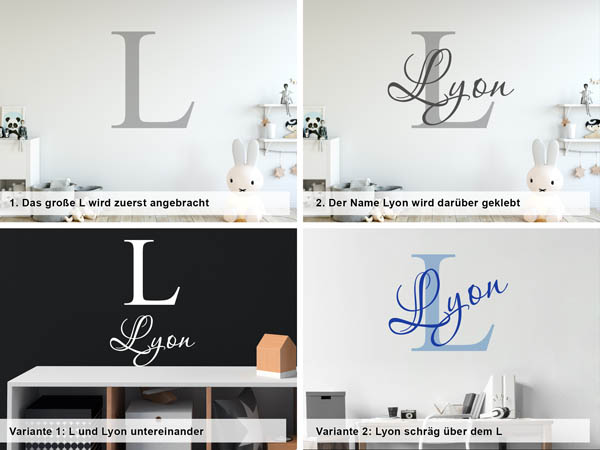 Verschiedene Anordnungen des Wandtattoos Lyon