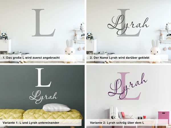 Verschiedene Anordnungen des Wandtattoos Lyrah