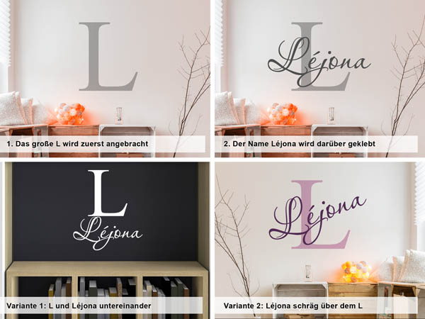 Verschiedene Anordnungen des Wandtattoos Léjona