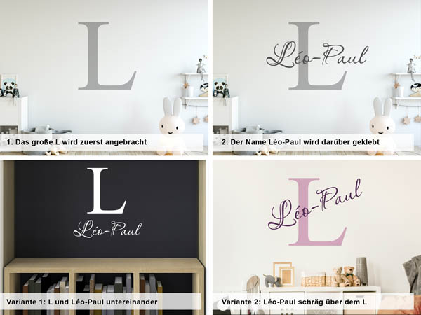 Verschiedene Anordnungen des Wandtattoos Léo-Paul