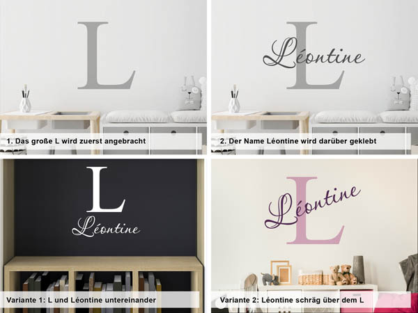Verschiedene Anordnungen des Wandtattoos Léontine